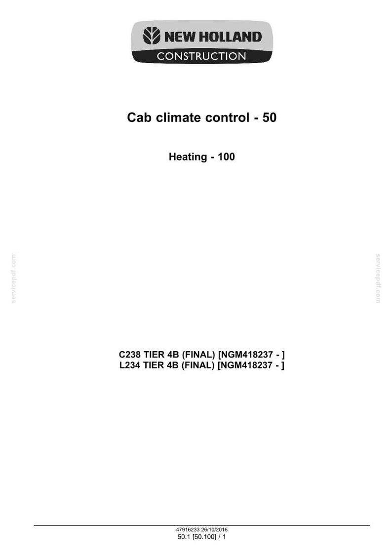 May include: A white document with the "NEW HOLLAND CONSTRUCTION" logo at the top. Text includes "Cab climate control - 50" and "Heating - 100". Below are model numbers and a date.