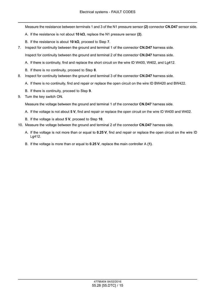 Op de afbeelding: Een pagina uit een handleiding voor elektrische systemen met foutcodes. De tekst bevat instructies voor het meten van weerstand en spanning, en het controleren van continu&iuml;teit. Het document is gedateerd 04/02/2016.