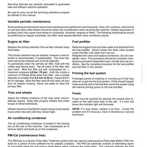 K&ouml;nnte beinhalten: Eine Seite aus einem technischen Handbuch mit der &Uuml;berschrift 7-MAINTENANCE und schwarzem Text auf wei&szlig;em Grund. Sie enth&auml;lt Anweisungen f&uuml;r Betriebsstundenz&auml;hler, Luftfilter, Kraftstoffvorfilter, Reifen, R&auml;der, Klimakondensator und Sicherungen.