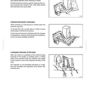 May include: A page from a manual with safety precautions for operating machinery. The illustrations show a machine on different terrains, including slippery ground, muddy ground, and after rain.