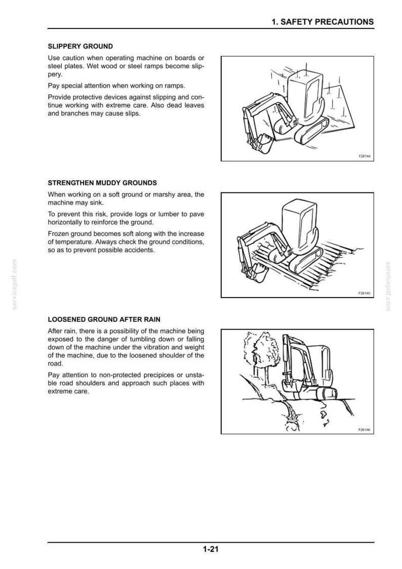 May include: A page from a manual with safety precautions for operating machinery. The illustrations show a machine on different terrains, including slippery ground, muddy ground, and after rain.