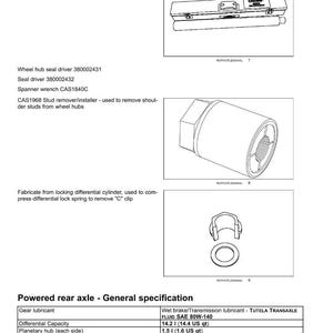 May include: Technical diagram of a powered rear axle system, detailing components like a pinion depth gauge bar and wheel hub seal driver. Includes specifications for gear lubricant, differential capacity, and torque values.