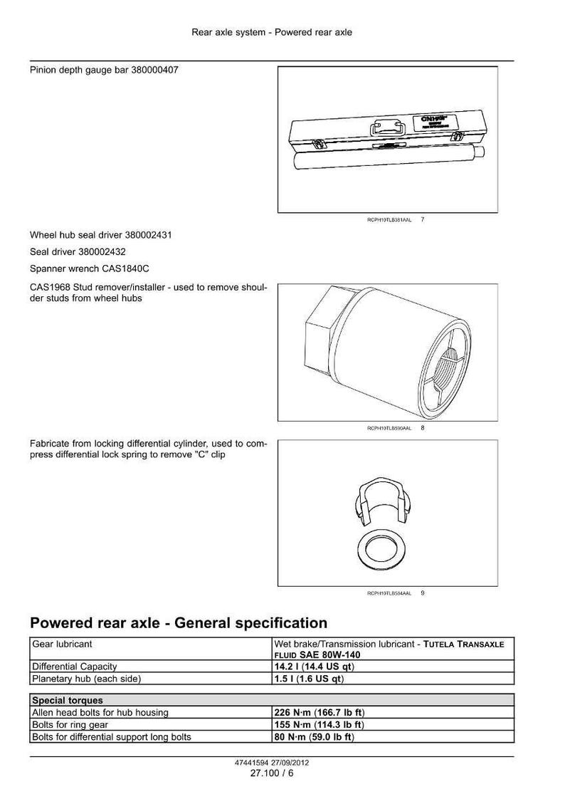 May include: Technical diagram of a powered rear axle system, detailing components like a pinion depth gauge bar and wheel hub seal driver. Includes specifications for gear lubricant, differential capacity, and torque values.