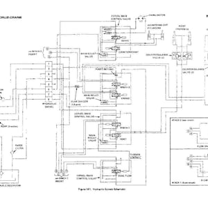 May include: A detailed schematic diagram of a hydraulic system, labeled "DROTT CRUZ-CRANE." The diagram is in black and white, featuring various components like valves, cylinders, and a hydraulic reservoir, with text labels and connecting lines.