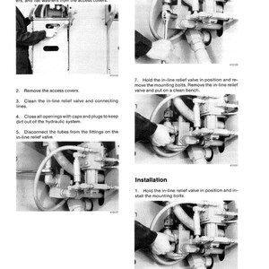 May include: A black and white diagram illustrating the removal and installation of an in-line relief valve. The steps include loosening screws, removing covers, cleaning lines, and disconnecting tubes. Text instructions are included.