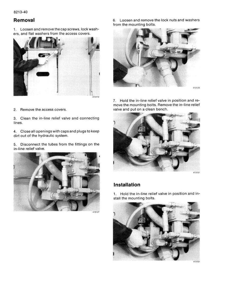 May include: A black and white diagram illustrating the removal and installation of an in-line relief valve. The steps include loosening screws, removing covers, cleaning lines, and disconnecting tubes. Text instructions are included.