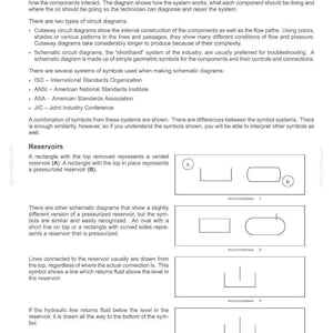 May include: Diagram showing hydraulic system symbols and schematic components. Includes diagrams of reservoirs, including vented and pressurised types, and their corresponding symbols. Text explains the function of each symbol.