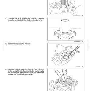 May include: Diagrams illustrating the assembly of hydrostatic drive pump and motor components. Instructions include installing snap rings, lubricating seals, and aligning wear plates. The image includes text and technical drawings.