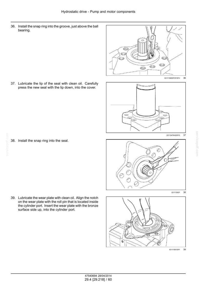 May include: Diagrams illustrating the assembly of hydrostatic drive pump and motor components. Instructions include installing snap rings, lubricating seals, and aligning wear plates. The image includes text and technical drawings.