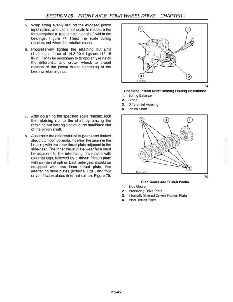 May include: A technical manual page titled Section 25 - Front Axle-Four Wheel Drive, Chapter 1. It features two black and white diagrams showing a pinion shaft bearing rolling resistance check and side gears with clutch packs, including numbered parts.