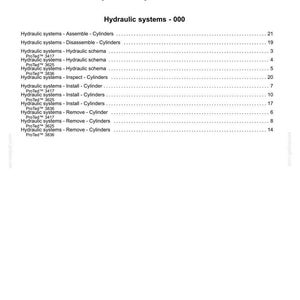 May include: A white document page with the title "Index" and the heading "Hydraulic systems - 35". The document lists various hydraulic system topics with page numbers, including assembly, disassembly, and installation of cylinders.