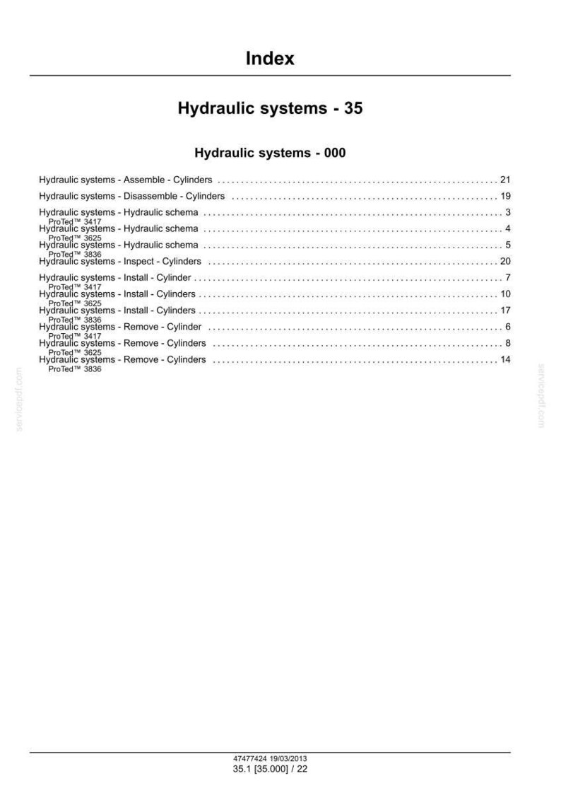 May include: A white document page with the title "Index" and the heading "Hydraulic systems - 35". The document lists various hydraulic system topics with page numbers, including assembly, disassembly, and installation of cylinders.