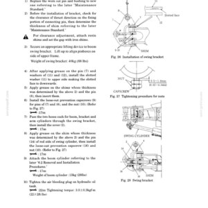 May include: A technical document page titled Section 2 Systems Chapter 21 Attachments, detailing the installation of a swing bracket. It includes numbered instructions, technical diagrams labeled Fig. 26, 27, and 28, and weight specifications of 88 lbs.