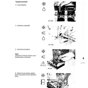 May include: A page from a repair manual detailing engine disassembly and reassembly. The manual includes diagrams and instructions for inserting tappets, camshafts, and thrust washers. Text includes "Werkstatthandbuch B/FL 1011/T" and "Disassembly and reassembly of complete engine."