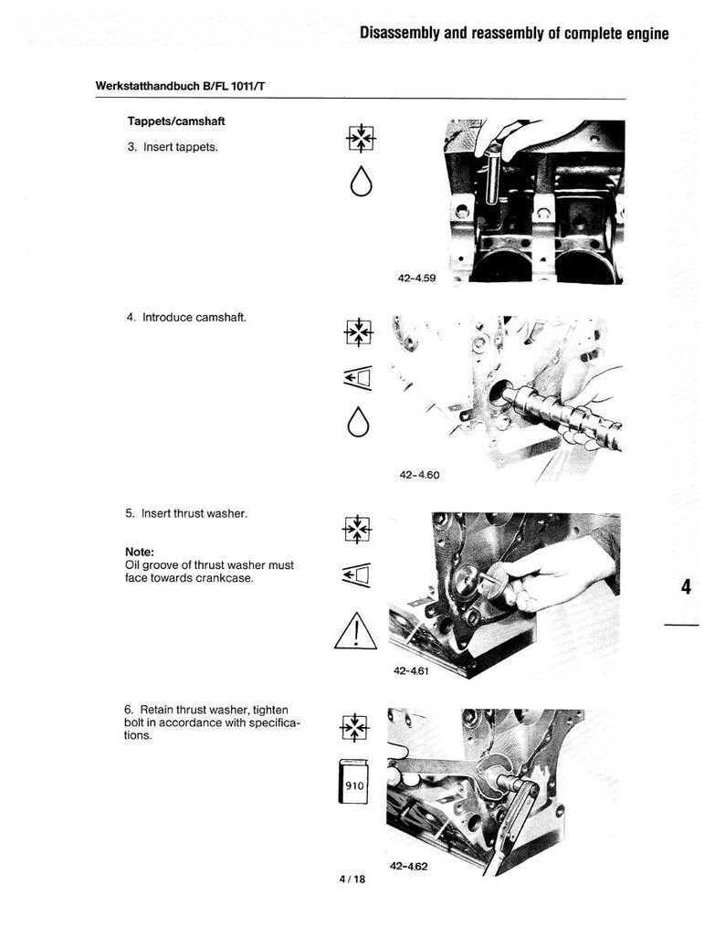 May include: A page from a repair manual detailing engine disassembly and reassembly. The manual includes diagrams and instructions for inserting tappets, camshafts, and thrust washers. Text includes "Werkstatthandbuch B/FL 1011/T" and "Disassembly and reassembly of complete engine."