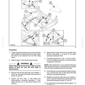 Puede incluir: Una p&aacute;gina de manual t&eacute;cnico titulada SECTION 58 - MOWER - CHAPTER 1, que detalla el ajuste de la tensi&oacute;n de la correa para las plataformas laterales 410GM, 420GM y 430GM. Incluye dibujos lineales en blanco y negro, piezas numeradas e instrucciones.