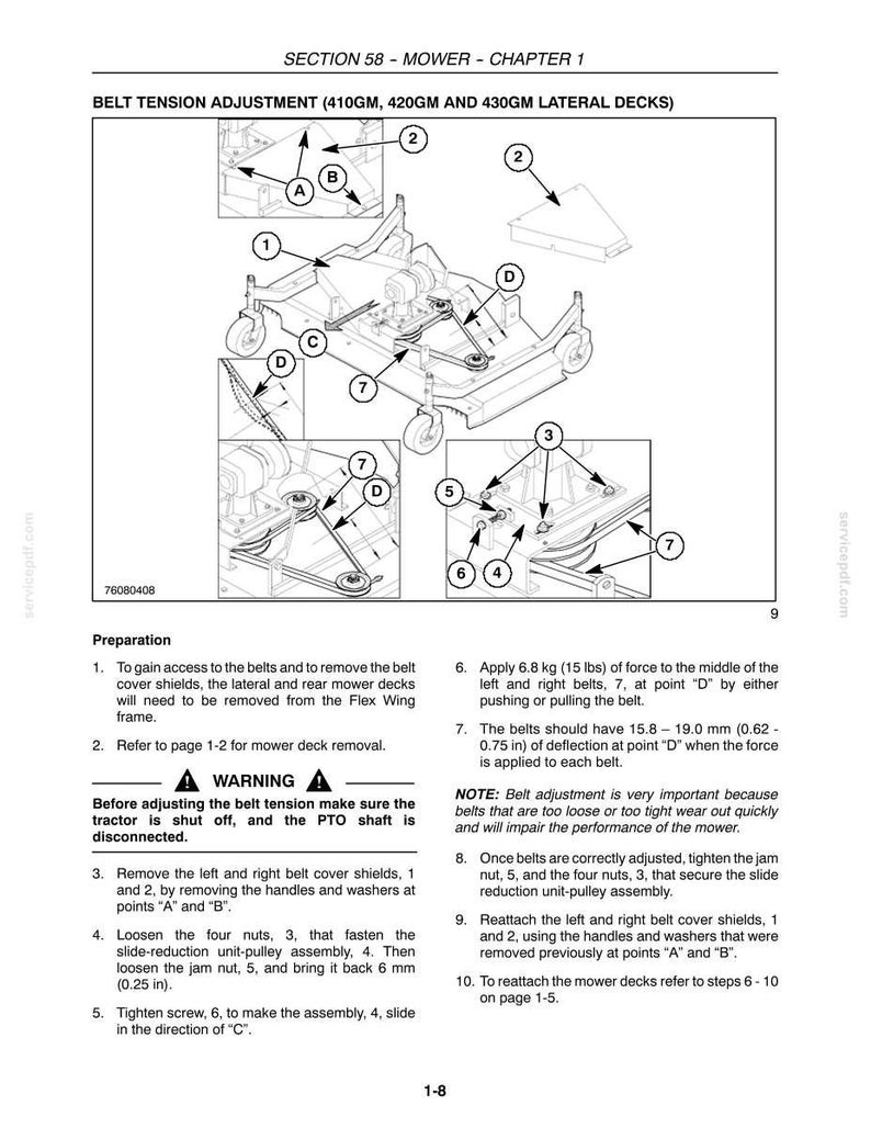 Puede incluir: Una p&aacute;gina de manual t&eacute;cnico titulada SECTION 58 - MOWER - CHAPTER 1, que detalla el ajuste de la tensi&oacute;n de la correa para las plataformas laterales 410GM, 420GM y 430GM. Incluye dibujos lineales en blanco y negro, piezas numeradas e instrucciones.
