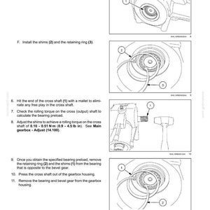 May include: Diagrams illustrating the Power Take-Off (PTO) gearbox assembly process. Includes close-up views of components like bearing cups, shims, and retaining rings. Text instructions accompany the images, detailing each step.