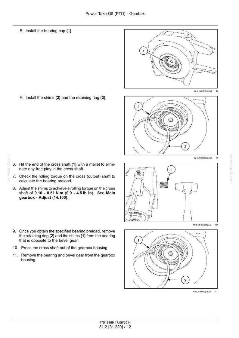 May include: Diagrams illustrating the Power Take-Off (PTO) gearbox assembly process. Includes close-up views of components like bearing cups, shims, and retaining rings. Text instructions accompany the images, detailing each step.