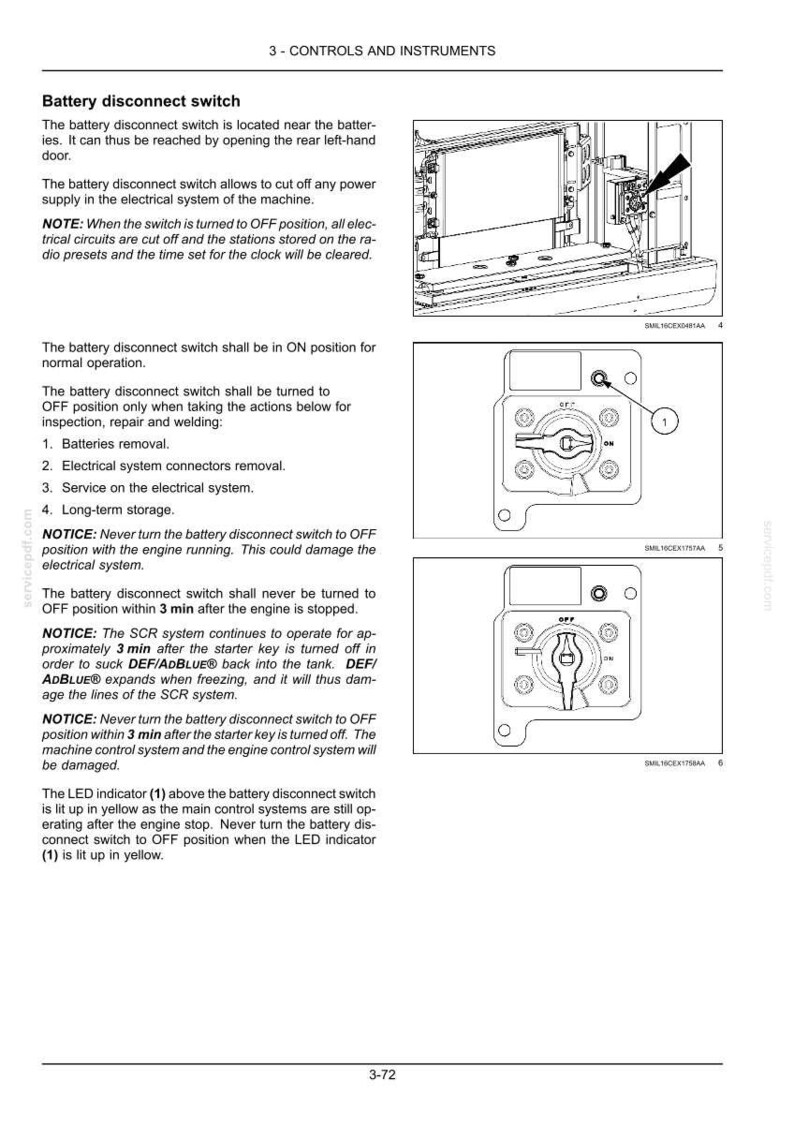May include: Diagram of a battery disconnect switch with ON and OFF positions, labelled with a number 1. The switch is a rotary type with a key-like design. The image is from a controls and instruments manual.