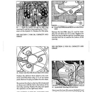 Pu&ograve; includere: Una pagina del manuale tecnico per un trattore Ford 8210, Sezione B, manutenzione 1200 ore. Contiene quattro diagrammi in bianco e nero con etichette numerate e istruzioni per il cambio dell'olio del sistema, dell'assale anteriore, del mozzo e sterzo.