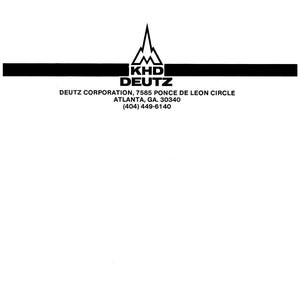 May include: A black and white logo for Deutz Corporation. The logo features a mountain-like graphic above the text "KHD DEUTZ". Below the logo is the company's address in Atlanta, GA, and the text "PRINTED IN USA".
