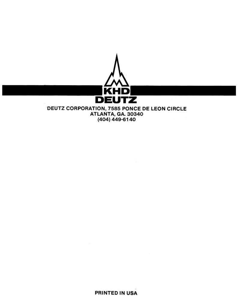 May include: A black and white logo for Deutz Corporation. The logo features a mountain-like graphic above the text "KHD DEUTZ". Below the logo is the company's address in Atlanta, GA, and the text "PRINTED IN USA".