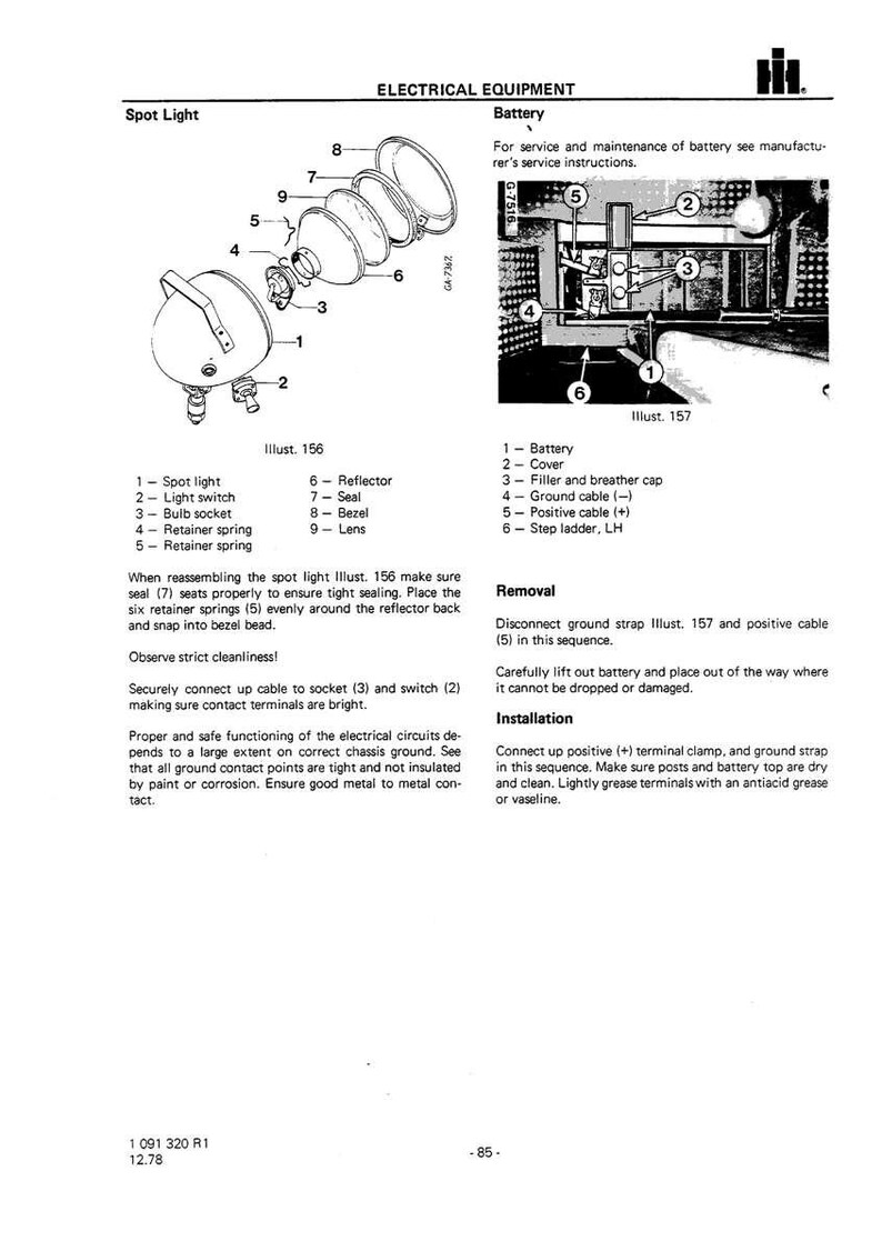 Op de afbeelding: Diagram van elektrische apparatuurcomponenten, waaronder een schijnwerper en een batterij, met labels en illustraties. De afbeelding geeft instructies voor onderhoud en installatie, met metingen in cm.
