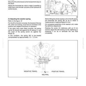 K&ouml;nnte beinhalten: Eine Seite aus einem technischen Handbuch mit dem Titel Section 35 - Hydraulic Systems - Chapter 1, die schwarz-wei&szlig;e Strichzeichnungen mechanischer Komponenten, nummerierte Diagramme und Anweisungen zur Einstellung von Reaktionsfedern enth&auml;lt.