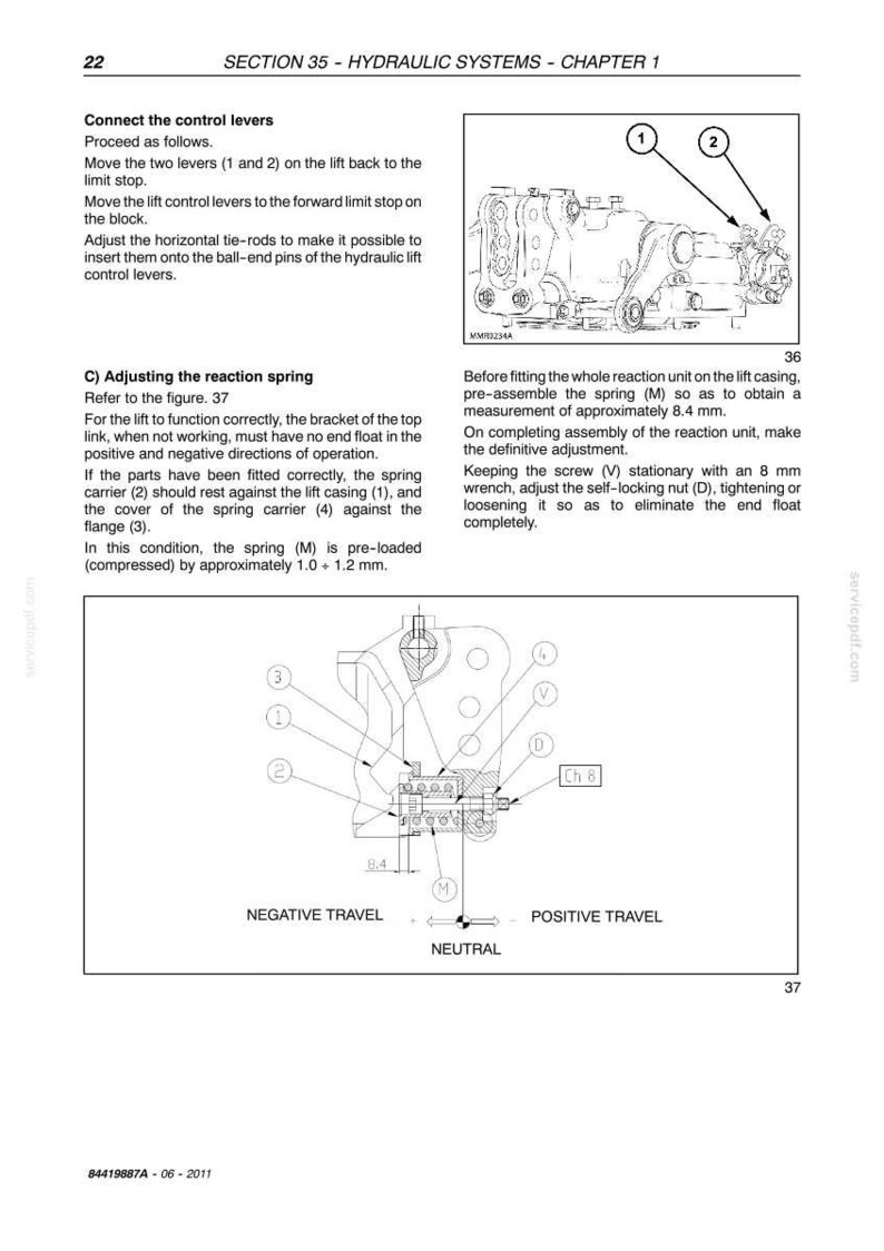 K&ouml;nnte beinhalten: Eine Seite aus einem technischen Handbuch mit dem Titel Section 35 - Hydraulic Systems - Chapter 1, die schwarz-wei&szlig;e Strichzeichnungen mechanischer Komponenten, nummerierte Diagramme und Anweisungen zur Einstellung von Reaktionsfedern enth&auml;lt.