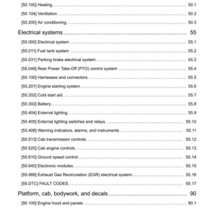 May include: A detailed table of contents from a manual, listing various vehicle systems and components. Sections include Cab climate control, Electrical systems, and Platform, cab, bodywork, and decals. The document is dated 16/03/2016.