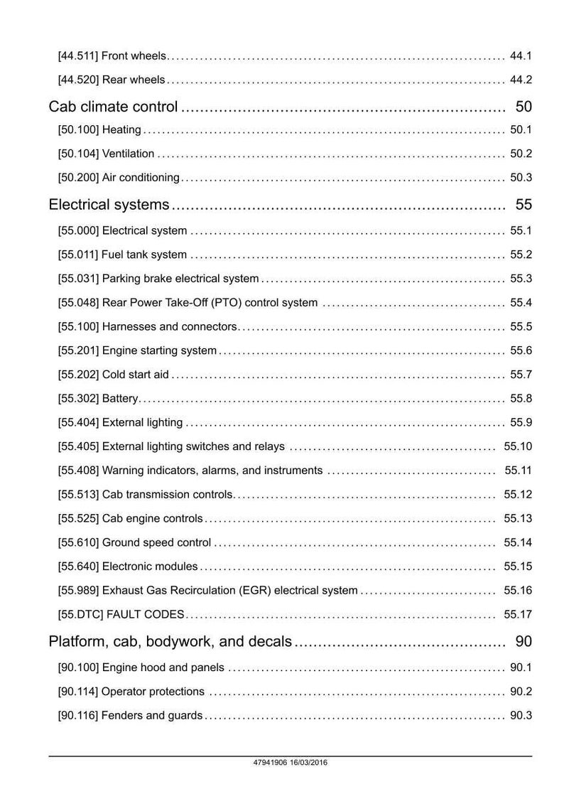 May include: A detailed table of contents from a manual, listing various vehicle systems and components. Sections include Cab climate control, Electrical systems, and Platform, cab, bodywork, and decals. The document is dated 16/03/2016.