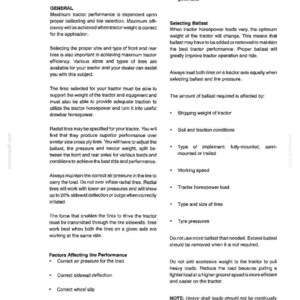 May include: A technical document page titled Operation - Ballasting and Tires, Section 1. The text provides instructions on tractor performance, tire selection, ballast weight, and air pressure, including a note on heavy draft loads below 5 MPH.