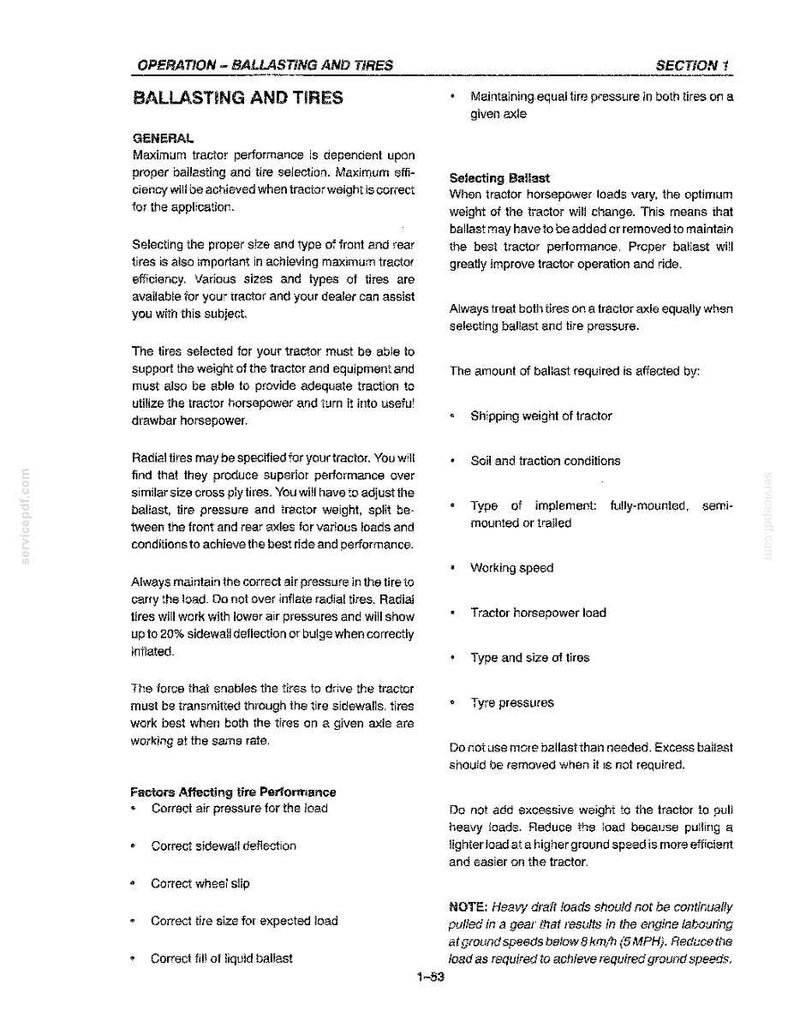 May include: A technical document page titled Operation - Ballasting and Tires, Section 1. The text provides instructions on tractor performance, tire selection, ballast weight, and air pressure, including a note on heavy draft loads below 5 MPH.