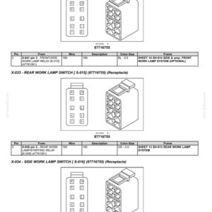 May include: Diagram of electrical connectors and harnesses, including front, rear, and side work lamp switches. Each switch is illustrated with a numbered pin layout and a corresponding receptacle. The image includes technical specifications and part numbers.