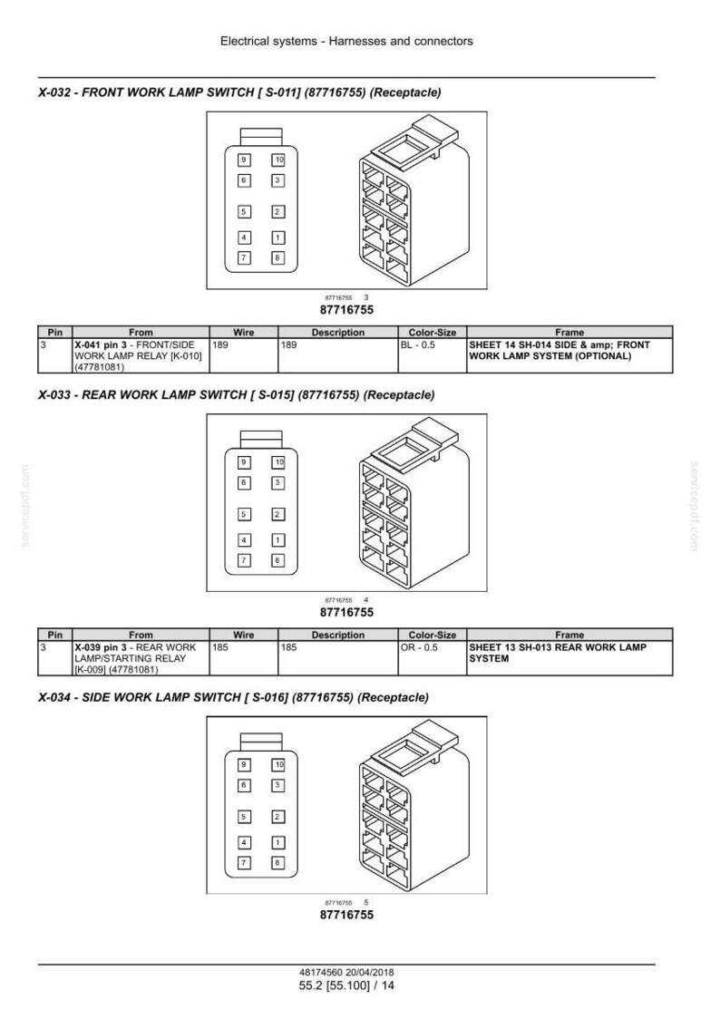 May include: Diagram of electrical connectors and harnesses, including front, rear, and side work lamp switches. Each switch is illustrated with a numbered pin layout and a corresponding receptacle. The image includes technical specifications and part numbers.
