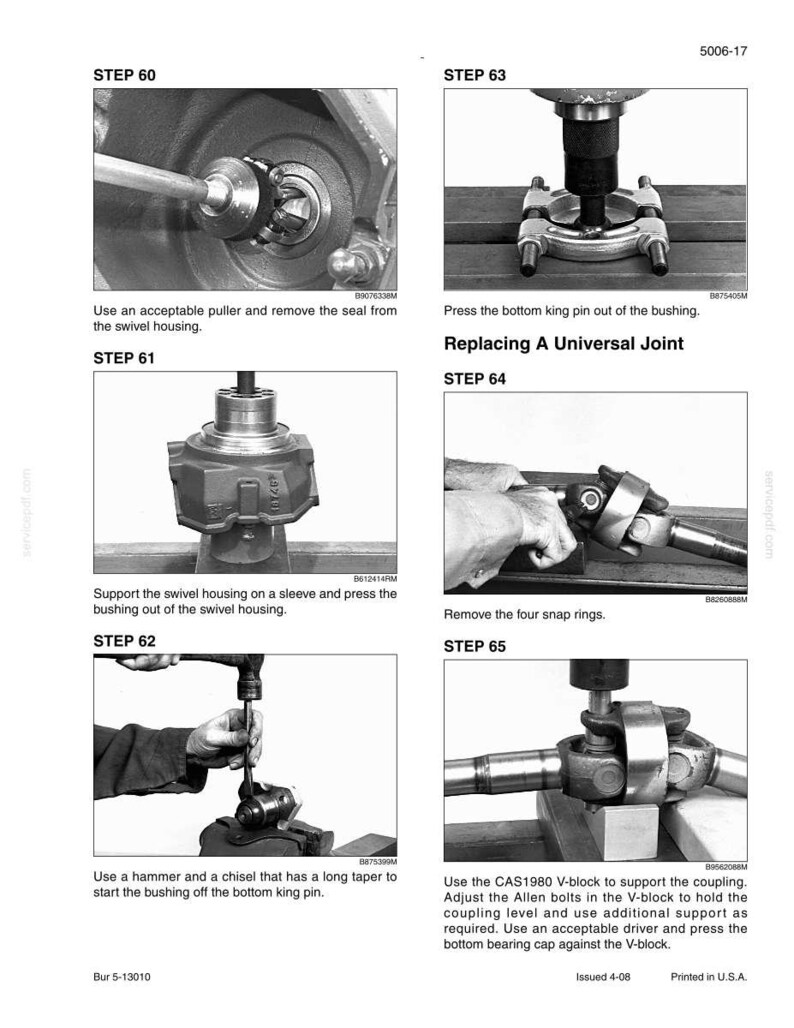 May include: A black and white technical diagram with step-by-step instructions for replacing a universal joint. The diagram includes close-up images of tools and components, with accompanying text descriptions for each step. The text includes the words "Replacing A Universal Joint".