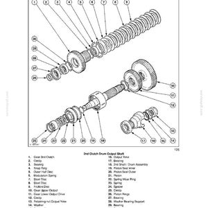 Peut inclure: Sch&eacute;ma technique d'une transmission powershift, chapitre 13, avec des composants d&eacute;taill&eacute;s. L'image est une illustration en noir et blanc, comprenant des engrenages, des roulements et des arbres. Le sch&eacute;ma est annot&eacute;.