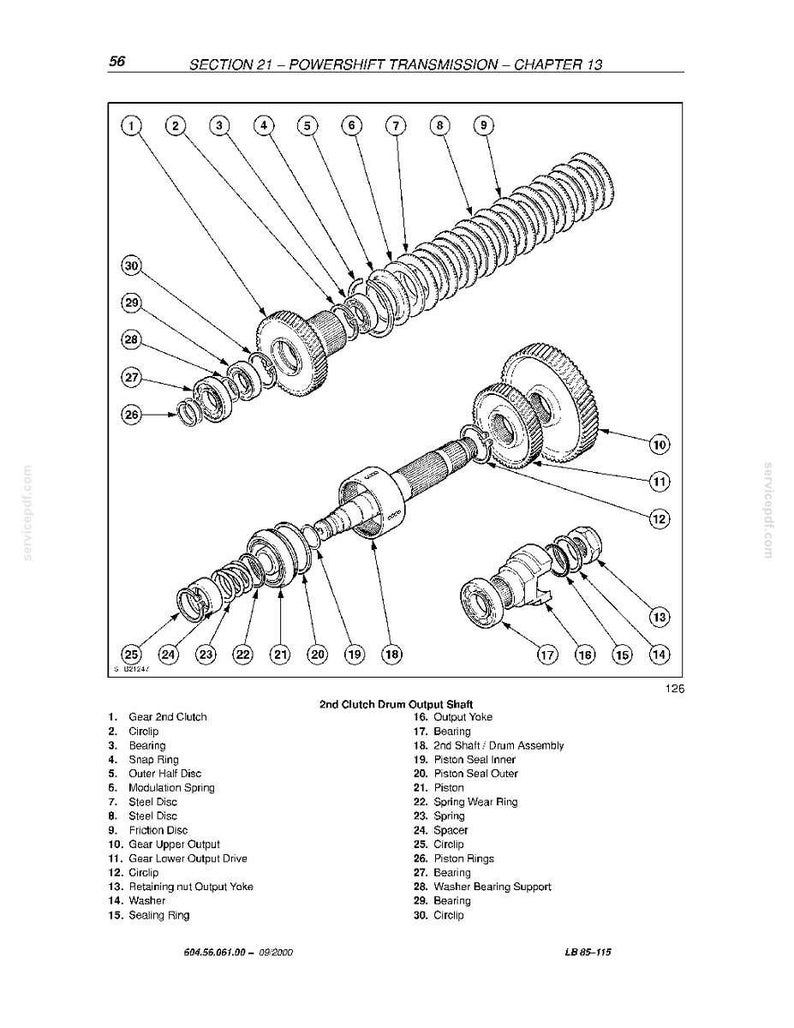 Peut inclure: Sch&eacute;ma technique d'une transmission powershift, chapitre 13, avec des composants d&eacute;taill&eacute;s. L'image est une illustration en noir et blanc, comprenant des engrenages, des roulements et des arbres. Le sch&eacute;ma est annot&eacute;.