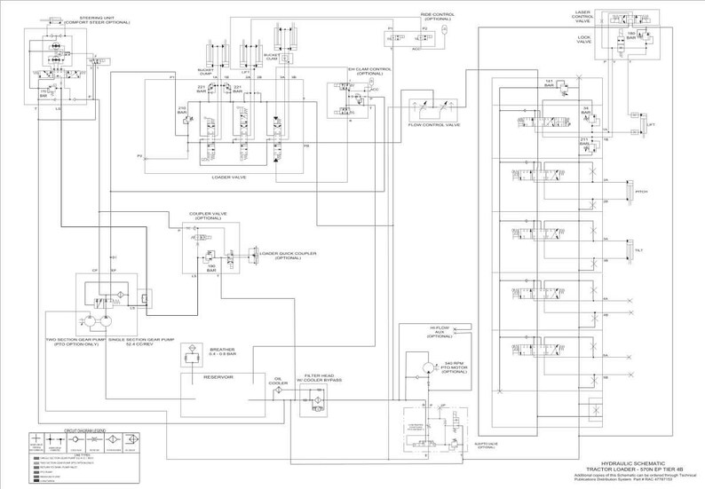 May include: A detailed black and white hydraulic schematic diagram for a tractor loader. The diagram includes various components such as valves, pumps, and filters, connected by lines. Text at the bottom indicates the schematic is for a specific model.