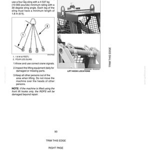 May include: Diagram of a machine lifting procedure with a crane. The image includes a four-leg sling with a minimum length of 6 ft. Instructions detail the lifting process, emphasizing safety measures and lift hook locations. Text includes operating instructions and safety notes.