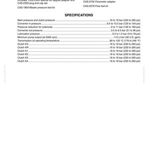 May include: A white document with black text detailing specifications for special tools, including pressure and clutch pressure, and transmission oil operating temperature. The document includes measurements in both bar and psi.