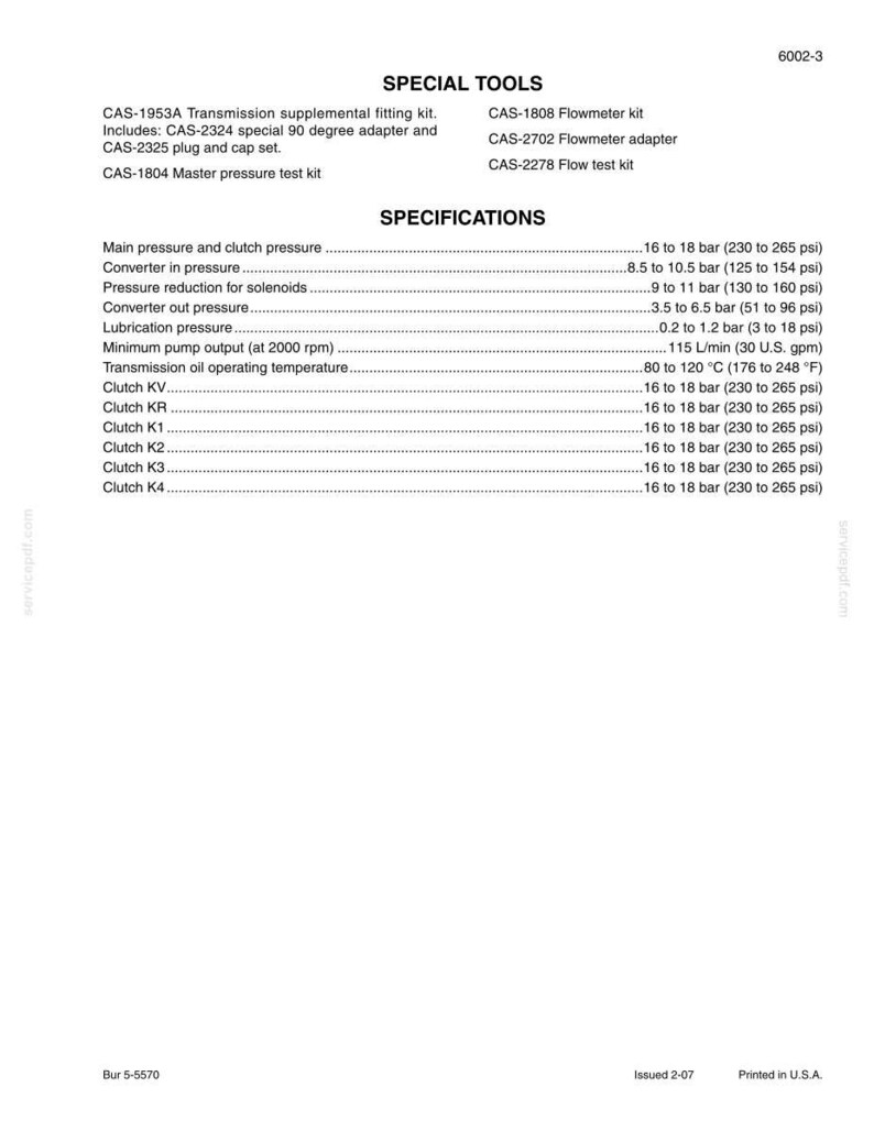 May include: A white document with black text detailing specifications for special tools, including pressure and clutch pressure, and transmission oil operating temperature. The document includes measurements in both bar and psi.
