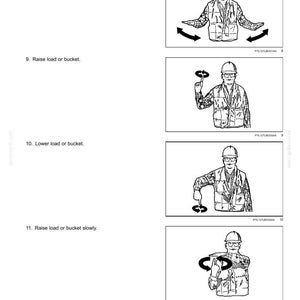 May include: Safety information diagrams showing hand signals. The illustrations depict a person in a hard hat and safety vest demonstrating signals for emergency stop, raising and lowering a load or bucket, and raising a load slowly.