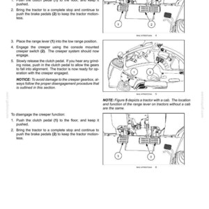 May include: A technical manual page titled 6 - WORKING OPERATIONS containing text instructions and three black and white line drawings illustrating tractor pedal and lever locations for engaging and disengaging the creeper function system.