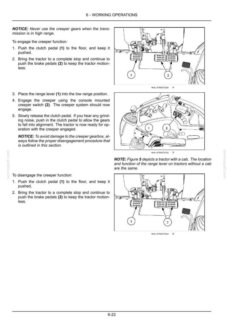 May include: A technical manual page titled 6 - WORKING OPERATIONS containing text instructions and three black and white line drawings illustrating tractor pedal and lever locations for engaging and disengaging the creeper function system.