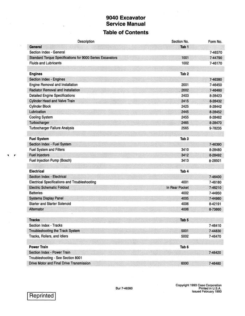 May include: A black and white printed page from a 9040 Excavator Service Manual. The table of contents lists sections on engines, fuel systems, electrical, tracks, and power train. The manual was printed in the USA in 1993.
