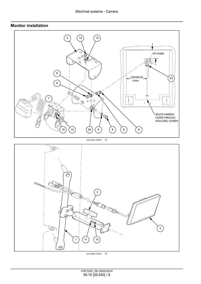May include: Diagram of a camera system installation, with labels and arrows indicating the placement of components. The diagram includes a monitor, wiring, and mounting hardware. Text includes "Monitor installation" and "Electrical systems - Camera."