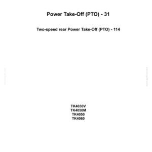 May include: A white document featuring the "NEW HOLLAND AGRICULTURE" logo. Text includes "Power Take-Off (PTO) - 31", "Two-speed rear Power Take-Off (PTO) - 114", and model numbers TK4030V, TK4050M, TK4050, and TK4060.