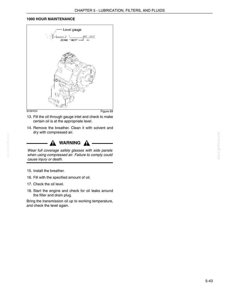 May include: Diagram of an engine component with a level gauge, labeled "1000 Hour Maintenance." Instructions include filling oil, removing the breather, and checking oil levels. A warning about safety glasses is also present.